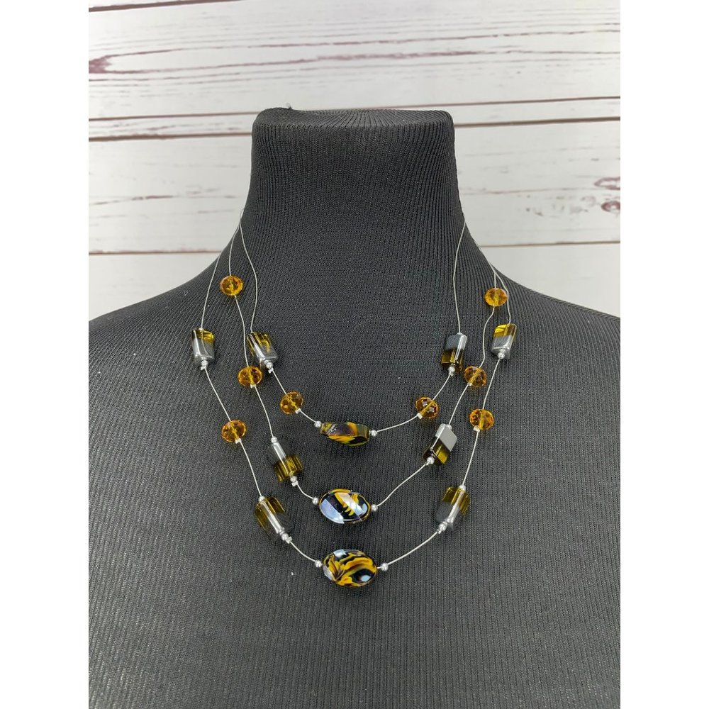 Beautiful Amber Brown Silver Glass Beaded Illusion Floating Trippel Layered Neck